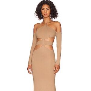 NBD Marcelina Maxi Dress in Light Beige tan gown Long sleeve halter